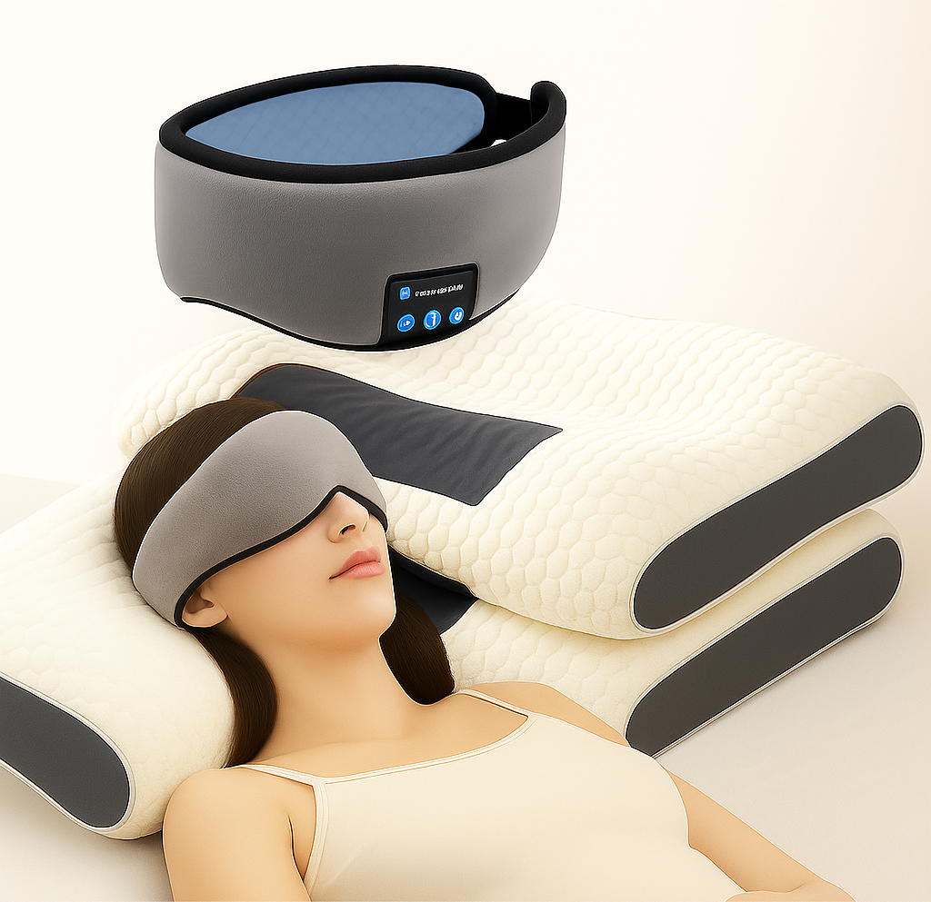 SleepHarmony Duo®: Almohada ergonómica + máscara con audífonos Bluetooth