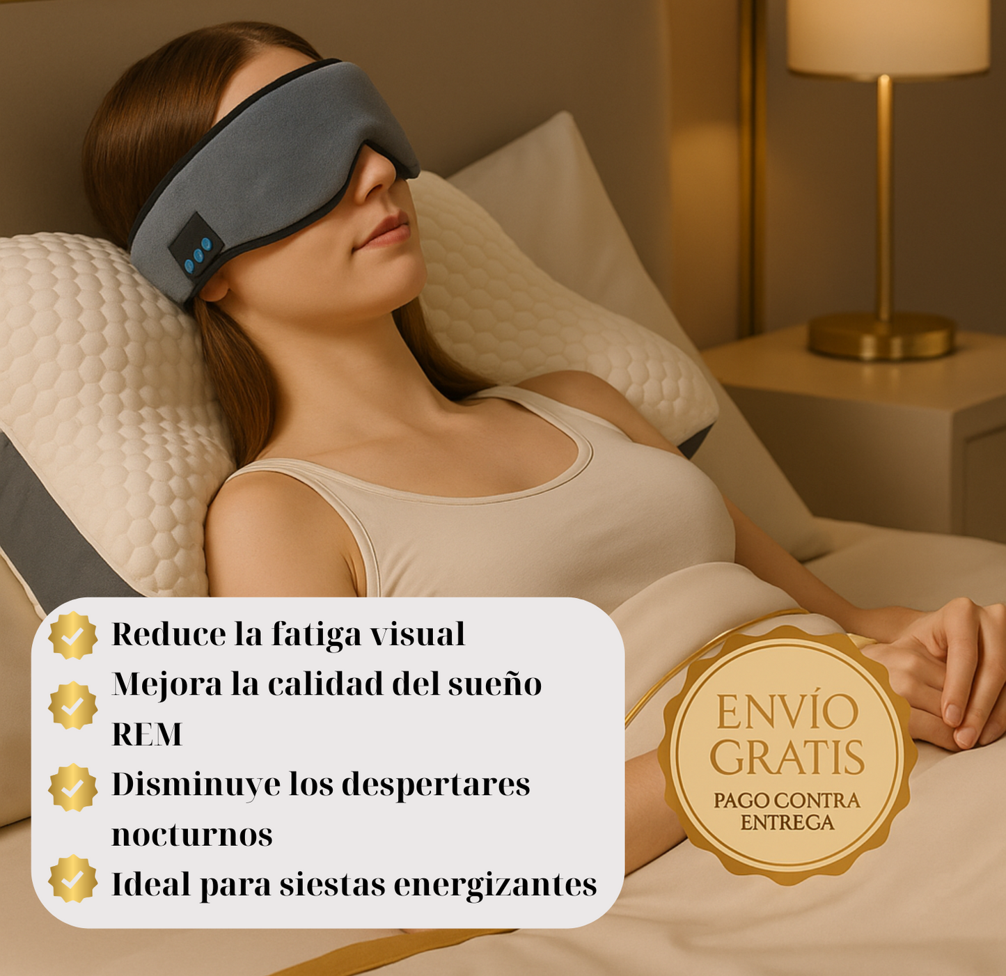 SleepHarmony Duo®: Almohada ergonómica + máscara con audífonos Bluetooth